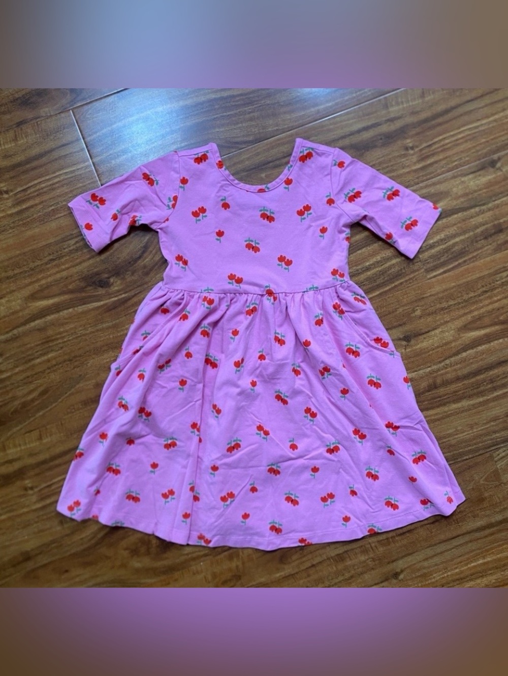 Hanna Andersson Girls Pink Tullip Soft Stretch Pocket Skater Dress Size 5 Casual
